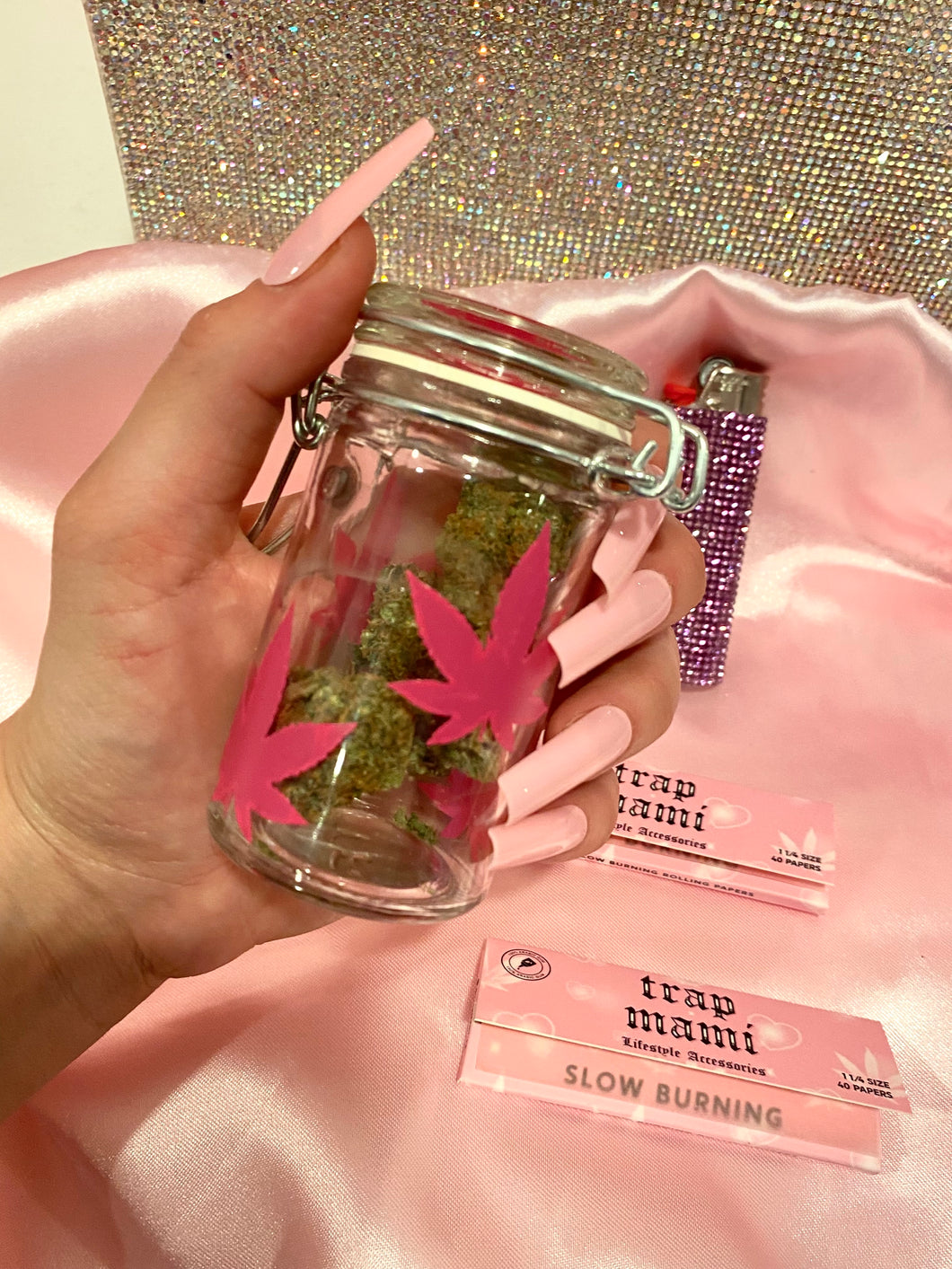 Hot pink leaf stash jar